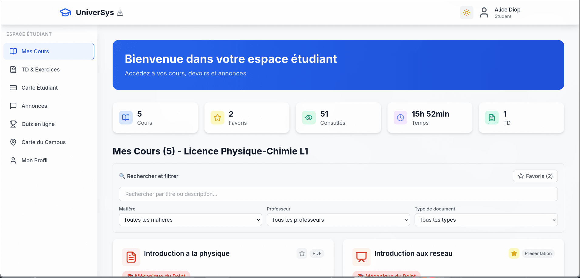 Universys - Dashboard Étudiant